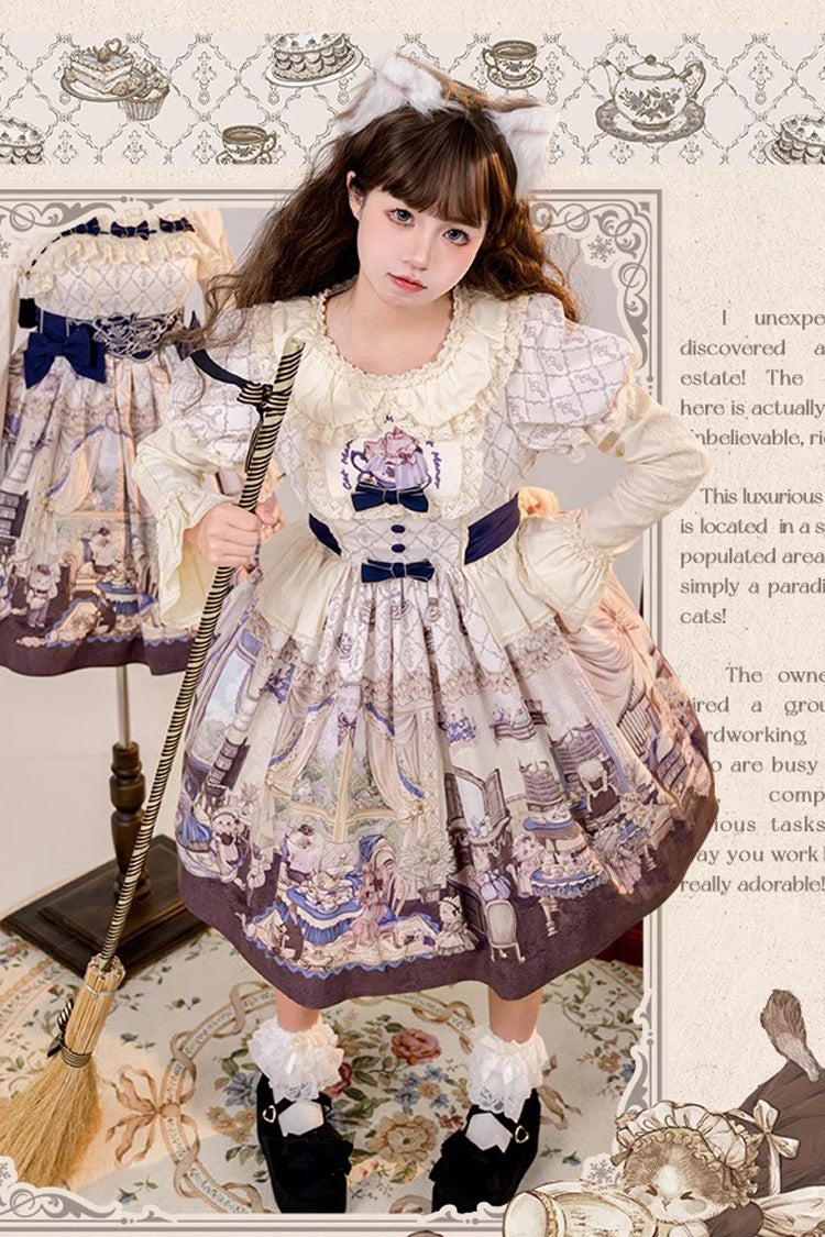 Multi-Color Short Sleeves Cat Manor Print Embroidery Bowknot Sweet Lolita OP Dress - Product - 2