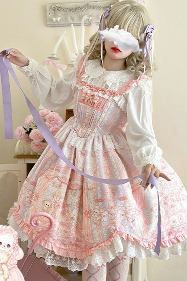 Pink Square Collar Sleeveless Printed Ruffled Lace Sweet Lolita Jsk Dress - Product - 4