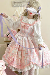 Pink Square Collar Sleeveless Printed Ruffled Lace Sweet Lolita Jsk Dress - Product - 4