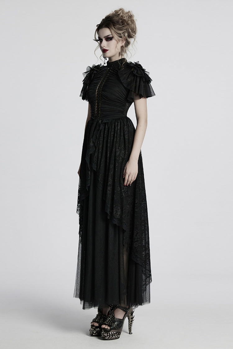 Black Short Sleeves Ruffle Stitching Lace Women's Gothic Layered Ball Gown Dress - Product - 2