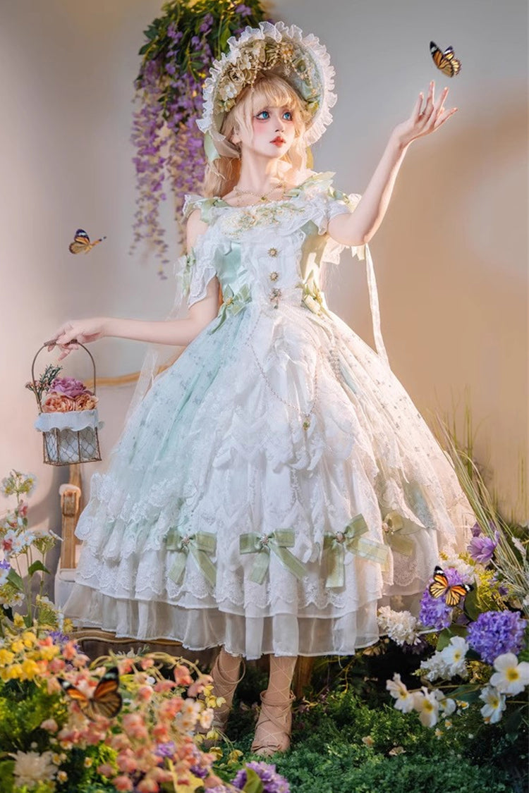 Green [Glazed Phantom] Off Shoulder Ruffle Hanayome Bowknot Lace Sweet Elegant Lolita Dress - Green - 1