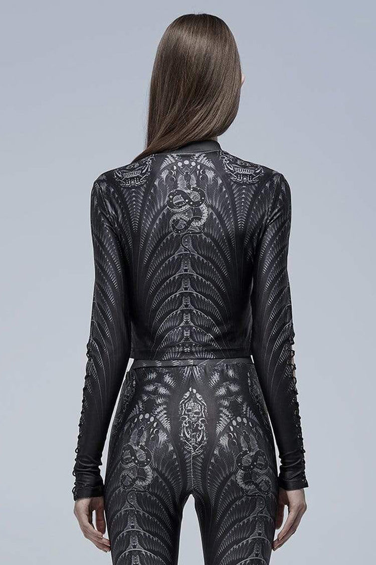 Black/Grey Gothic Perspective Elasticity Skeleton Print Cross Tie Rope Design Mesh Women's T-Shirt - Product - 3