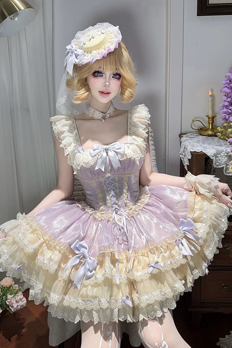 Purple [Flory Butterfly] Double-Layered Ruffle Bowknot Lace Lace-Up Sweet Ballet Lolita Jsk Dress - Product - 6