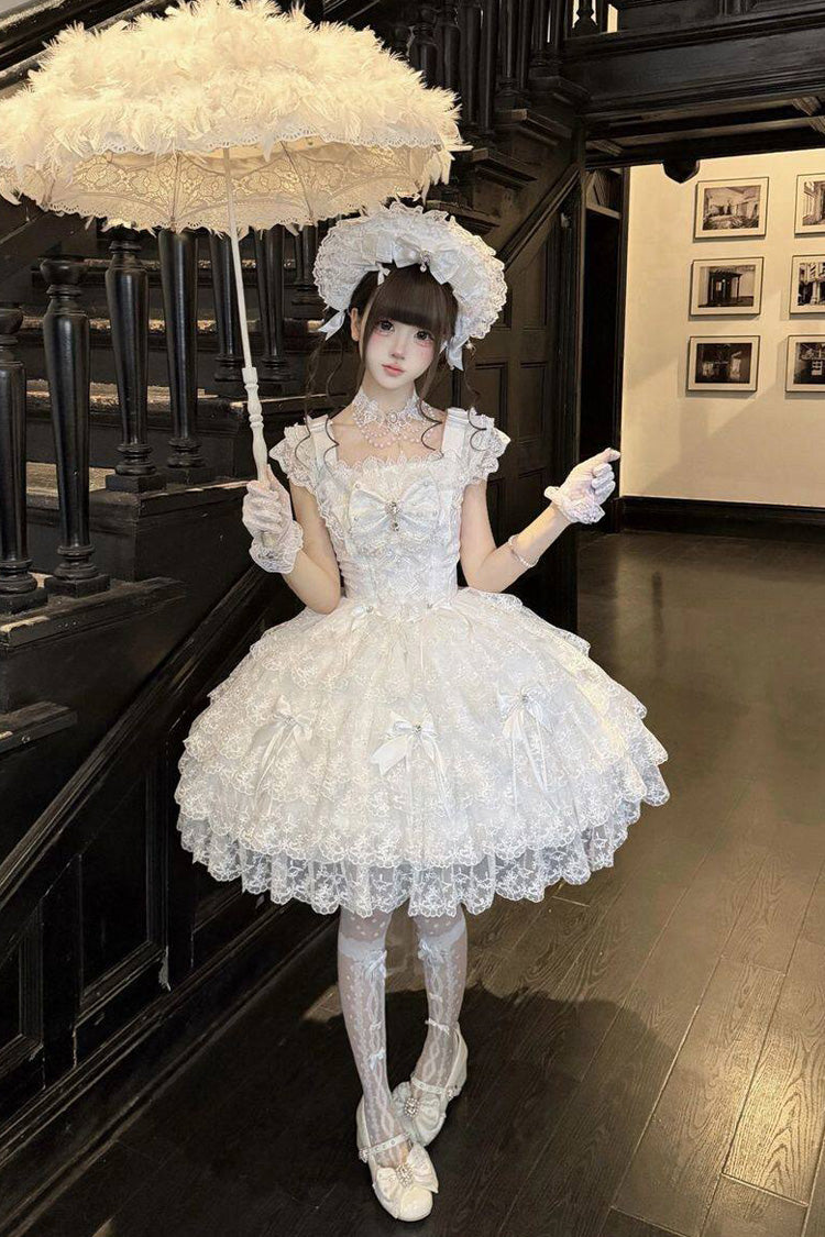 White [Featherlight Slumber] Square Collar Sleeveless Multi-Layered Bow Lace Pearl-Decorated Gothic Lolita Jsk Dress - Product - 8