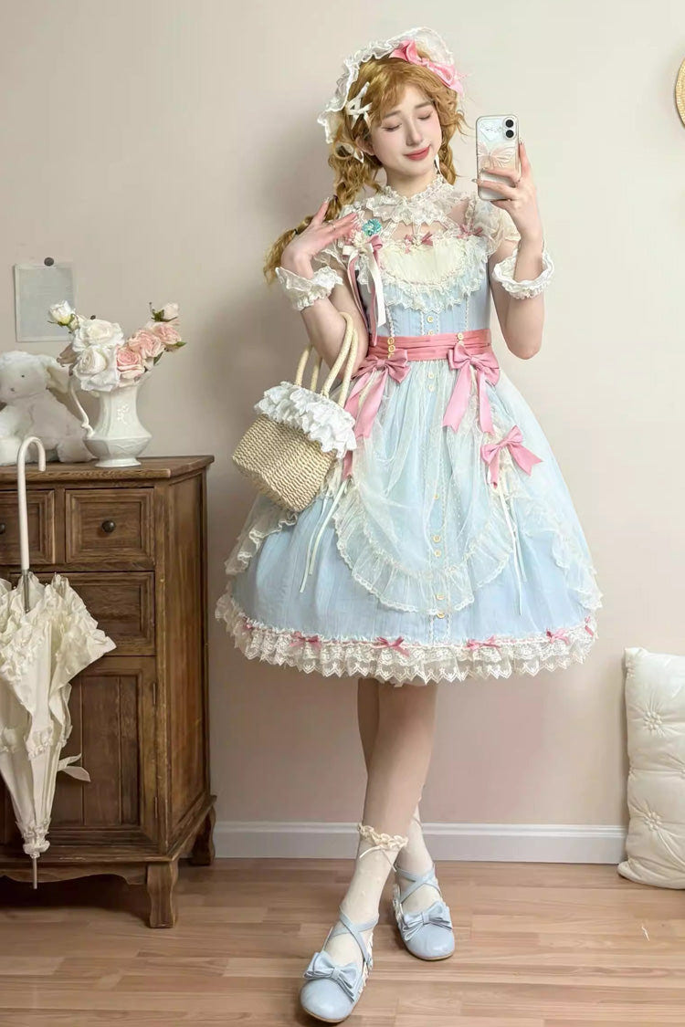 Blue [Sakura’s Spring Resonance] Sleeveless Ruffled Bow Sweet Lolita Jsk Dress (Short Version) - Blue - 1