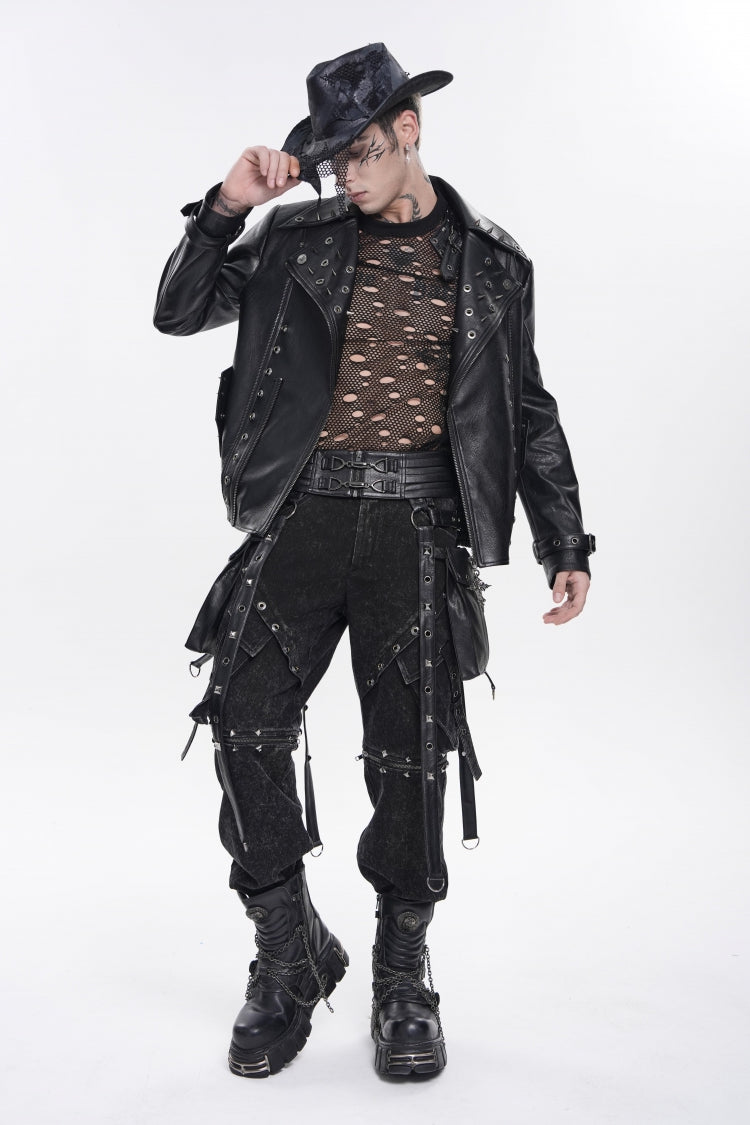 Black Lace-Up Studded Buckled Zippered Eyelet Men's Punk Cool Accessory with Pouches - Product - 8