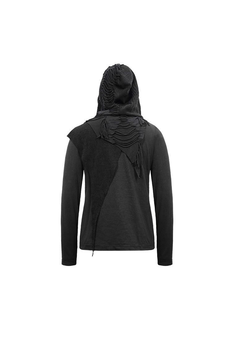 Black Long Sleeves Asymmetric Tatters Strip Leather Metal Loop Hooded Men's Punk T-Shirt - Product - 8
