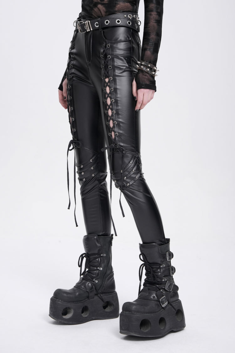 ブラック レースアップ ダメージ加工 Rivet レディース パンク パンツ 商品画像