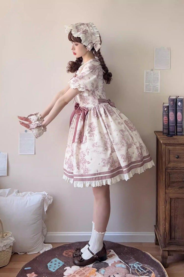 Smoky Purple [Grape Moon Almanac] Short Sleeves Multi-Layered Printed Ruffled Bow Sweet Lolita Dress - Product - 7