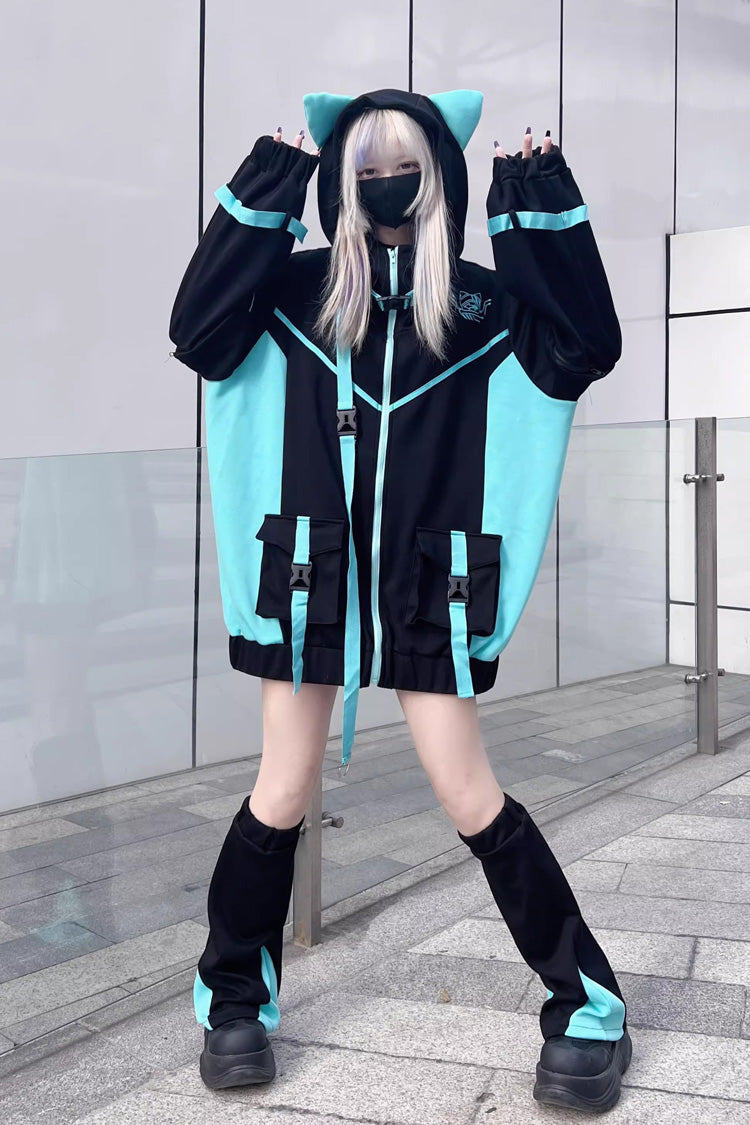 Black/Blue Chip Hacker Cyberpunk Functional Print Hooded Jirai Kei Japanese Sports Coat - Black/Blue - 1