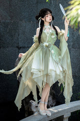 Green Halterneck Sleeveless Bowknot Lace Irregular Sweet Chinese Style Lolita Jsk Dress - Product - 2