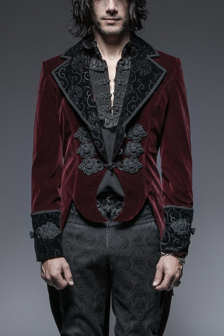 Red Embroidery Swallowtail Hem Mens Gothic Victorian Coat - Red - 1