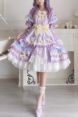 Purple Star Sugar Short Sleeves Multi-layer Ruffle Bowknot Sweet Lolita Dress - Purple - 1