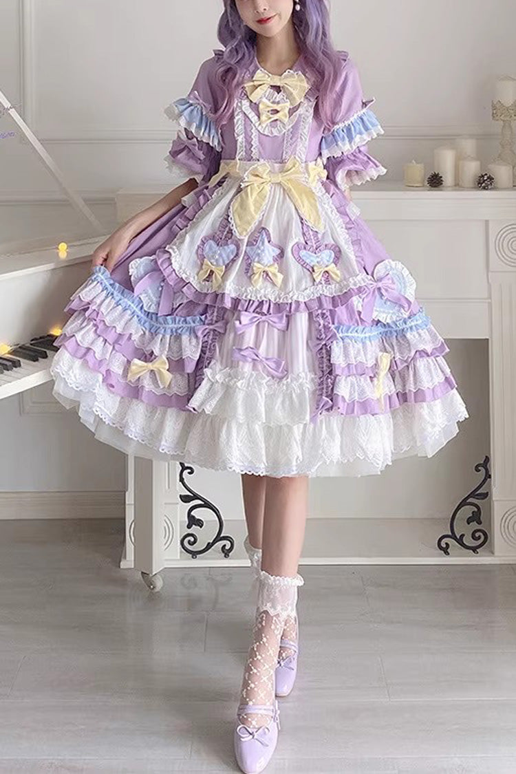 Purple Star Sugar Short Sleeves Multi-layer Ruffle Bowknot Sweet Lolita Dress - Purple - 1