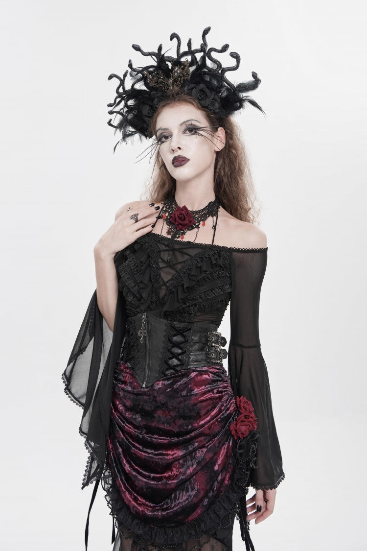 Black Off Shoulder Long Trumpet Sleeves Ruffled Embroidered Lace-Up Women's Gothic Blouse - Product - 5