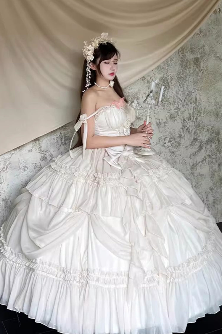 Apricot/Beige [Antique Bride] Sleeveless Multi-Layered Ruffled Bow Lace Sweet Elegant Gorgeous Full Skirt Lolita Jsk Dress - Product - 11