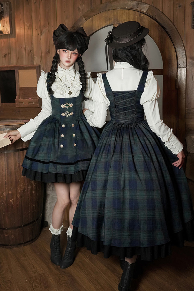 Blue/Green [Berlin's letter] Double-Layered Plaid Print Ruffle Bowknot Classic College Style Lolita Strap Dress Set 2 Versions - Product - 4
