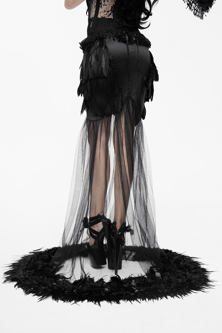 Black Mesh Fishtail Flower Feather Hem Long Satin Women's Gothic Skirt - Product - 3