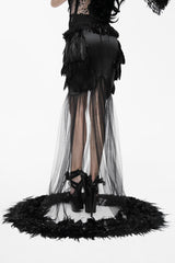 Black Mesh Fishtail Flower Feather Hem Long Satin Women's Gothic Skirt - Product - 3
