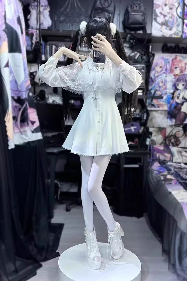White Shawl Lace Chiffon Long Sleeves Lace Slim Jirai Kei Dress - Product - 2