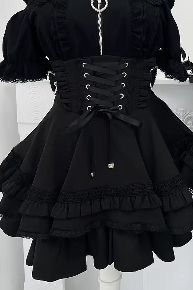 Jirai Kei [Heartbeat Buffy] Stand Collar Sleeveless Triple-Layered Ruffled Lace-Up Zippered Sweet Japanese Skirt and Blouse - Black(Skirt-Only) - 15