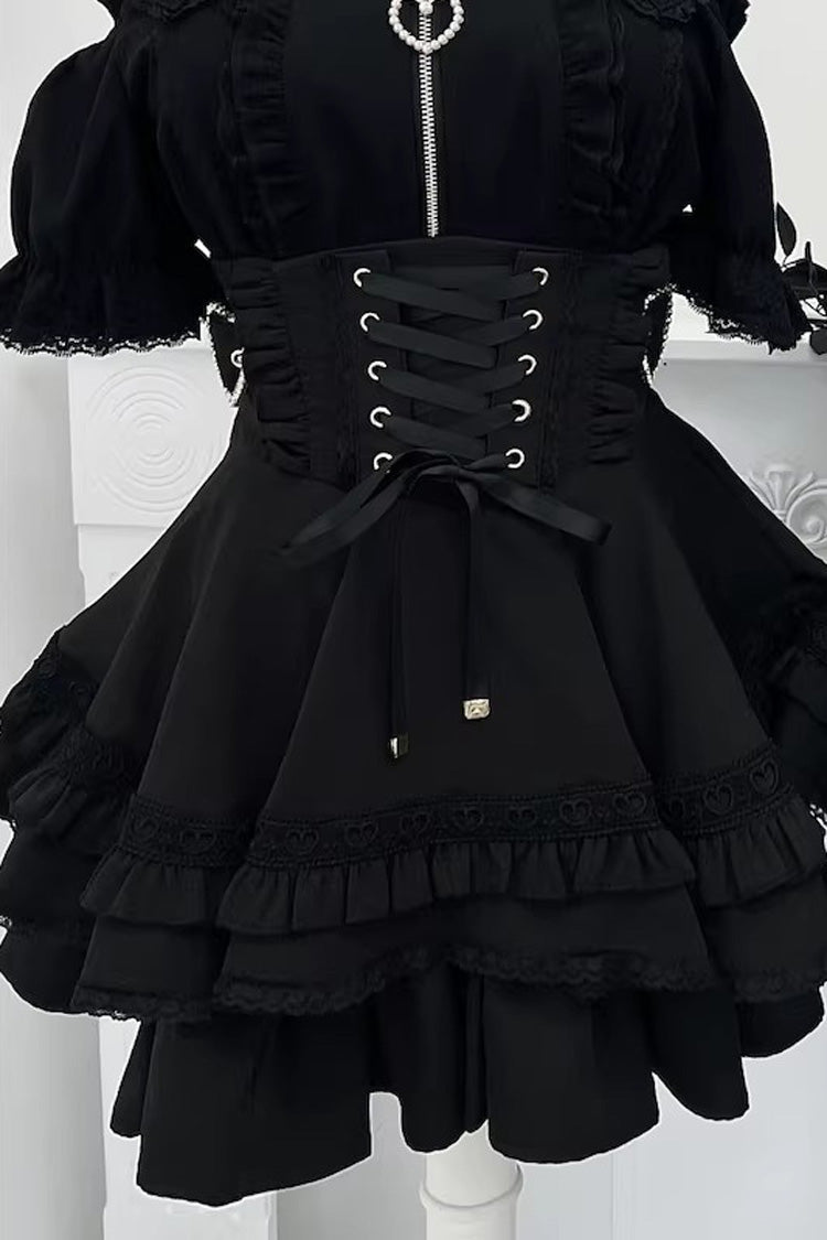 Jirai Kei [Heartbeat Buffy] Stand Collar Sleeveless Triple-Layered Ruffled Lace-Up Zippered Sweet Japanese Skirt and Blouse detail view 15