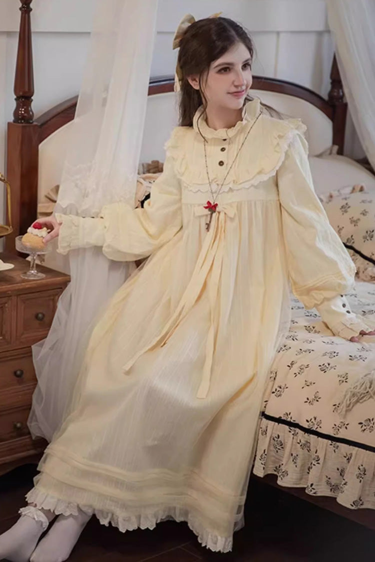 Ivory Long Sleeves Ruffle Bowknot Lace Sweet Lolita Home Wear Nightdress - Product - 5