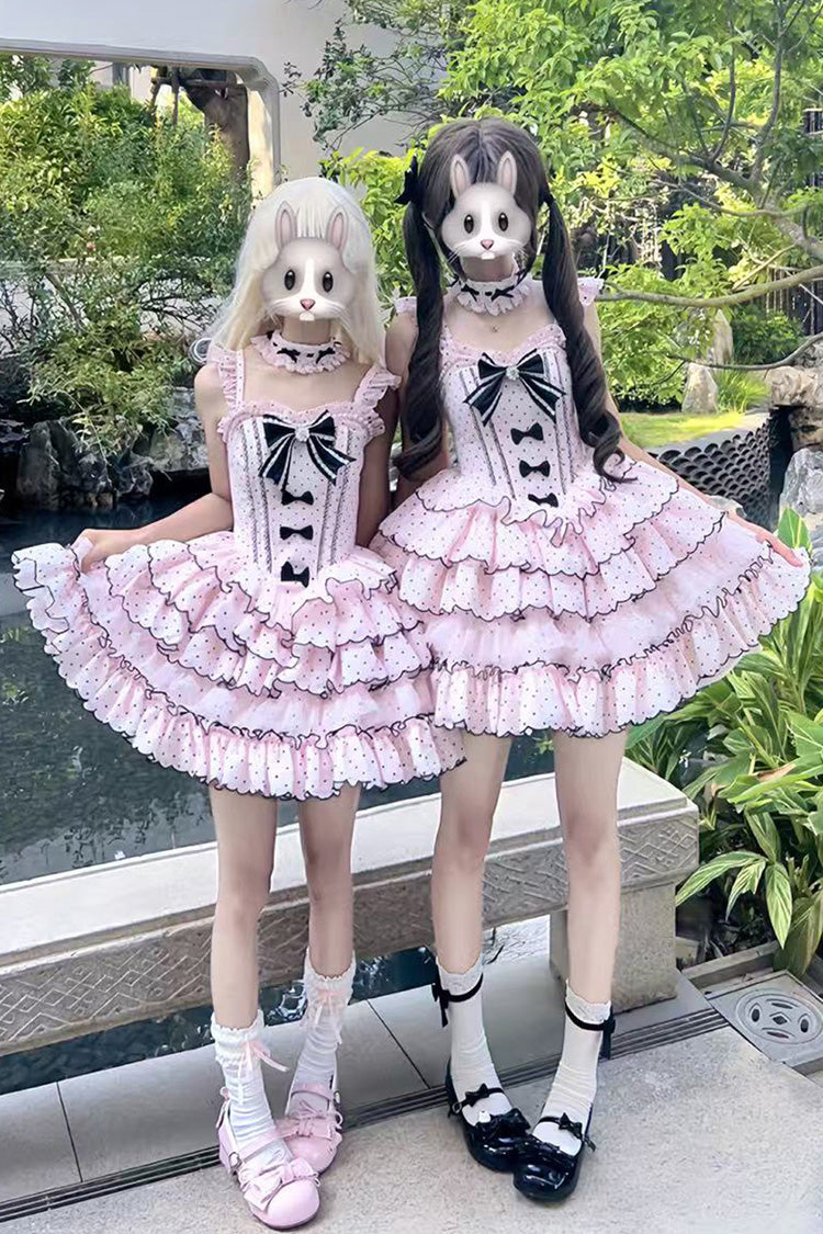 Pink Sleeveless Multi-Layered Polka Dots Printed Ruffled Bow Sweet Princess Lolita Jsk Dress - Pink - 1