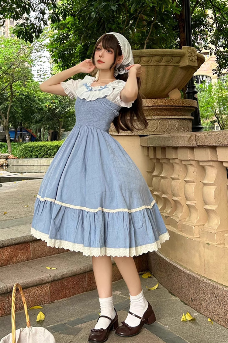 Blue Print Ruffle Stitching Lace Sweet Lolita Strap Dress Set - Product - 2