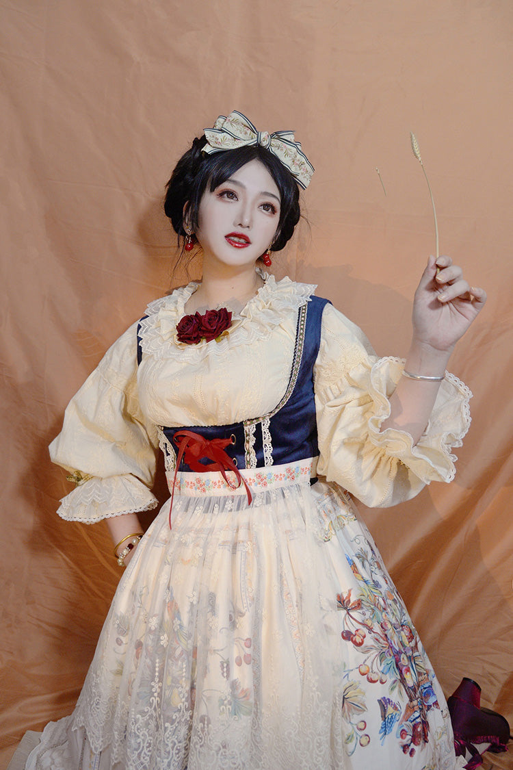 Ivory [Ode to Plenty] Berries and Birds Print Ruffle Bowknot Velvet Classic Lolita Breast Support Jsk Dress - Product - 12