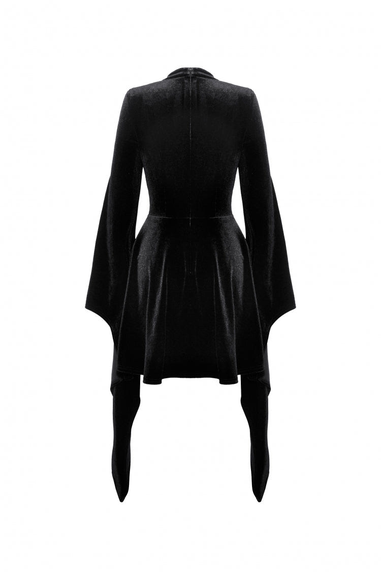 Black Long Trumpet Sleeves Spliced Lace-Up Spider Mesh Women's Gothic Velvet Wedding Dress - Product - 12