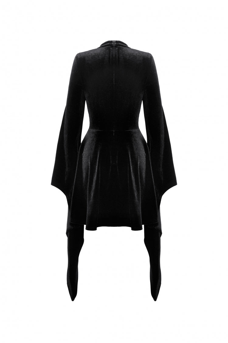 Black Long Trumpet Sleeves Spliced Lace-Up Spider Mesh Women's Gothic Velvet Wedding Dress - Product - 12