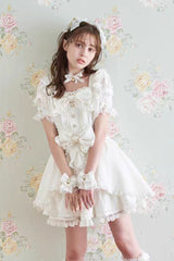 Sweet Jirai Kei Square Collar Short Sleeves Ruffle Bowknot Lace Japanese Dress Set 3 Colors - Product - 2