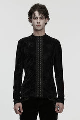 Black Stand Collar Long Sleeves Rose Embossed Lace-Up Zippered Men's Gothic Top - Black - 1