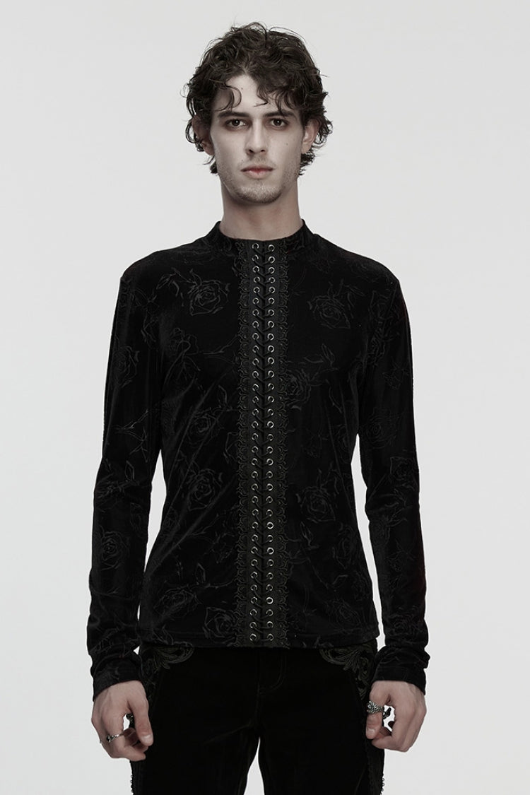 Black Stand Collar Long Sleeves Rose Embossed Lace-Up Zippered Men's Gothic Top - Black - 1