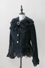[Diamond Strawberry] Long Sleeves Bow Lace Pearl-Decorated Sweet Jirai Kei Lolita Coat 3 Colors - Black - 5