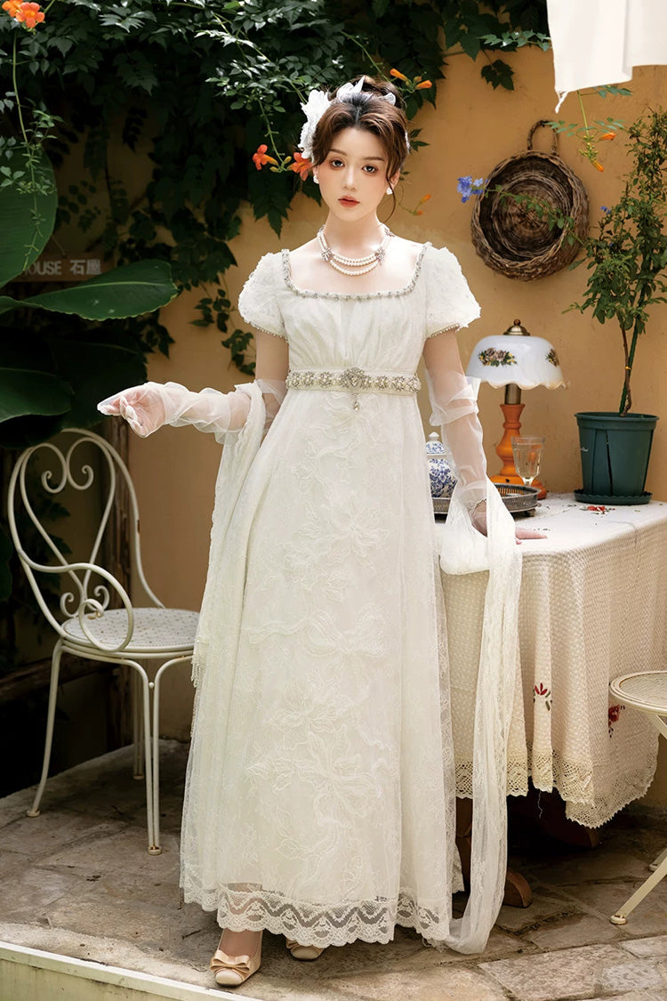 White Square Collar Short Sleeves Jacquard Wedding Style Lace Pearl Detail Vintage Elegant Luxurious Lolita Dress - White - 1