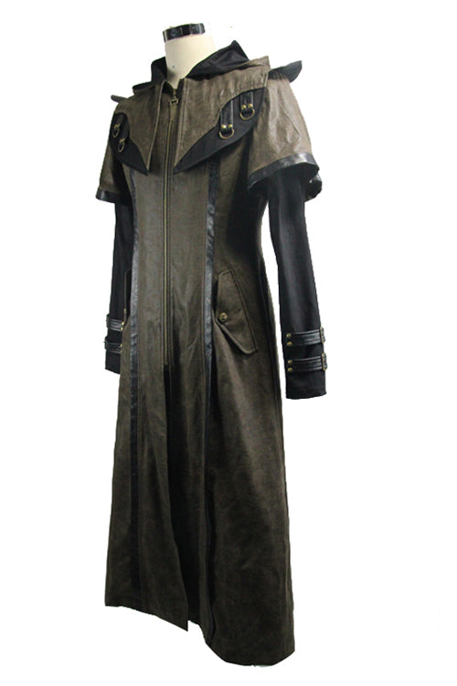 Double Sleeves Steampunk Brown Leather Hooded Mens Long Coat - Product - 5