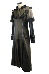 Double Sleeves Steampunk Brown Leather Hooded Mens Long Coat - Product - 5