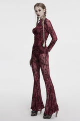 Red Moon Print Mesh Ruched Women's Gothic Blouse - Product - 4