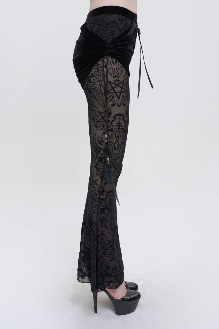 Black Flocking Mesh Side Hanging Feather Pendant Fake Two-Piece Long Women's Gothic Flared Pants - Product - 2