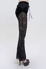 Black Flocking Mesh Side Hanging Feather Pendant Fake Two-Piece Long Women's Gothic Flared Pants - Product - 2