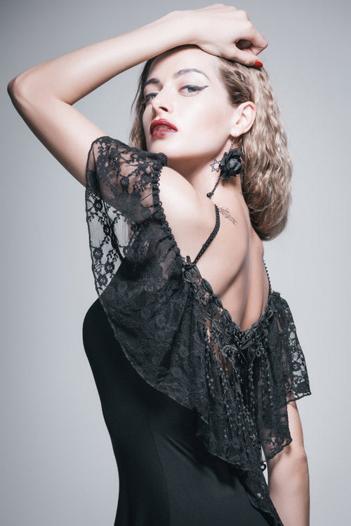 Black Sexy Rose Lace Tassel Back Over Hip Womens Long Gothic T-Shirt - Product - 7