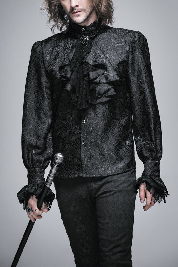 Black Lace Jacquard Jewel Pins Men's Gothic Tie - Black - 1