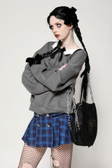 Grey Bowknot Peter Pan Collar Long Sleeves Bat Women's College Style Sweatshirt - Product - 6