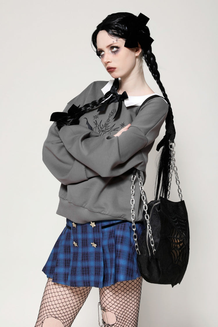 Grey Bowknot Peter Pan Collar Long Sleeves Bat Women's College Style Sweatshirt - Product - 6