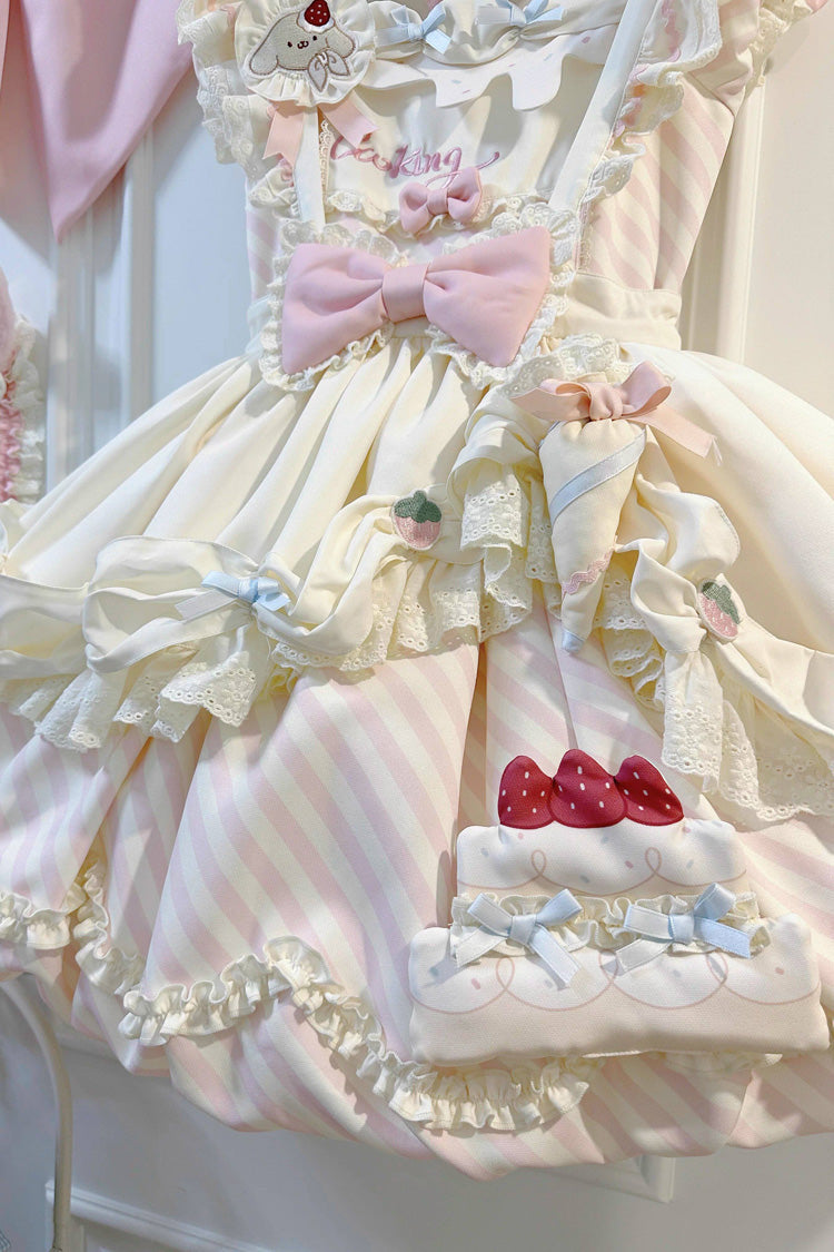 [Puppy Pastry Chef] Lapel Collar Printed Ruffled Embroidered Bow Lace Asymmetric Sweet Lolita Dress 3 Colors (Yellow, Blue, Pink) - Product - 8