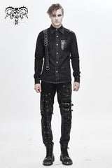 Black Asymmetric Left Shoulder Loop Mesh Rivet Snap Button Men's Punk Shirt - Product - 4