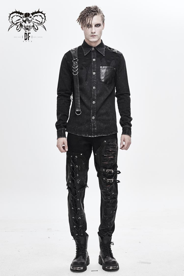 Black Asymmetric Left Shoulder Loop Mesh Rivet Snap Button Men's Punk Shirt - Product - 4