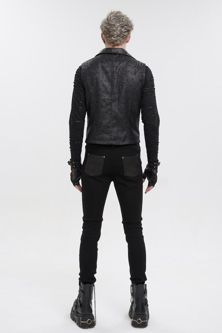 Black Lapel Fitted Atomized Crack Front Chest Crossover Rope Men's Punk Vest - Product - 5